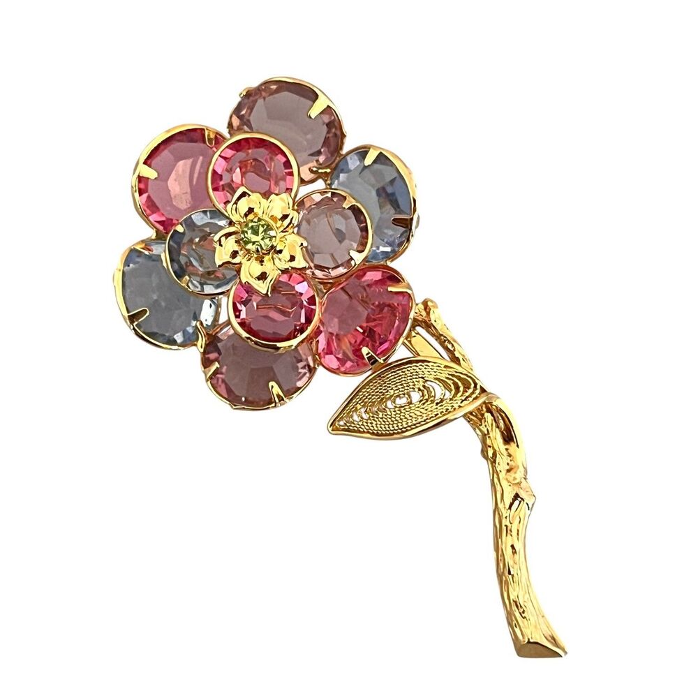 Vintage 1980s Multicolor Crystal Flower Brooch Pin Gold Tone - 10S